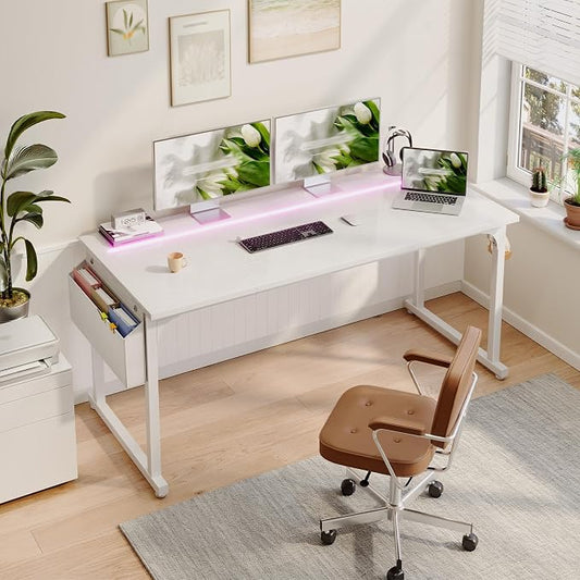 DurayLoly 55 Inch White Computer Desk with LED Lights, Office Desk with Storage Bag for Home Office, Gaming Desk with Headphone Hook for Study Writing Work Desk,Sturdy Metal Frame