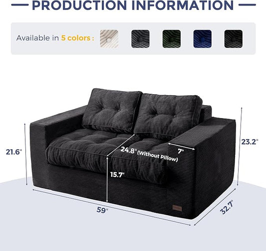 MAXYOYO Loveseat Sofa Couch, Upholstered Bean Bag Chair Cloud 2-Seat for Adults, Boneless Couch with Tufted Cushion & Pillows, Sofa in A Box, No Assembly Required, Black