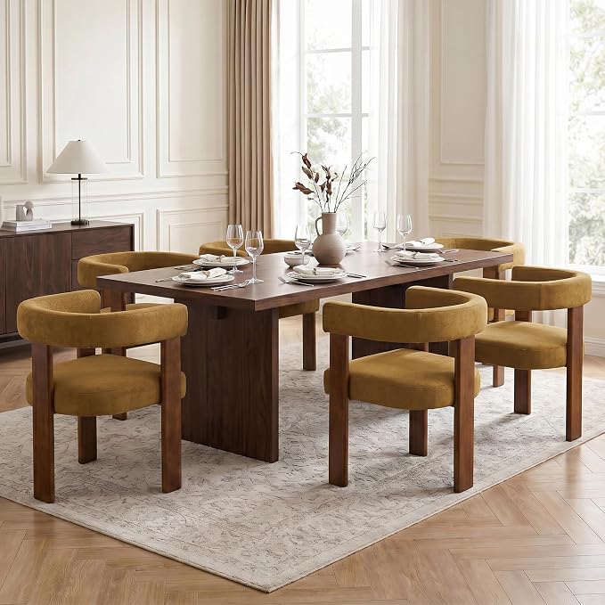USAINT Wooden Barrel Dining Chairs Set of 4, Mid-century Modern Upholstered Dining Room Chairs with Walnut Wood Legs and Loop Back, Comfy Accent Arm Chair for Dining room, Kitchen, Living room, Orange