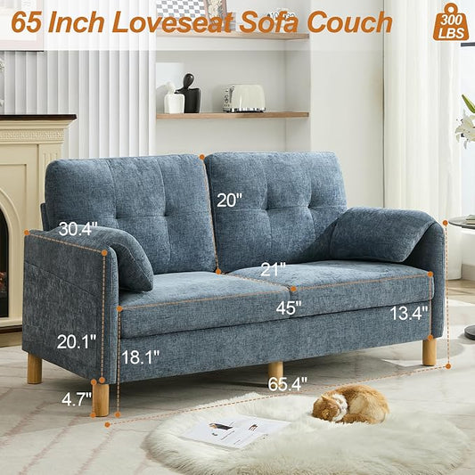 WUTUTUEE 65" Chenille Loveseat Sofa, Modern 2-Seater Love Seat Couch with Armrest Pillows, Storage Pockets, Easy Assembly, Upholstered Tufted Loveseat Couches for Living Room Bedroom, Blue