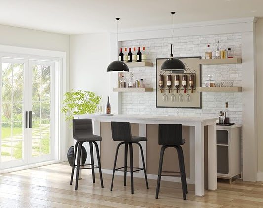 Armen Living Vienna Modern Swivel 30" Bar Height Barstool with Gray Faux Leather and Black Wood Finish