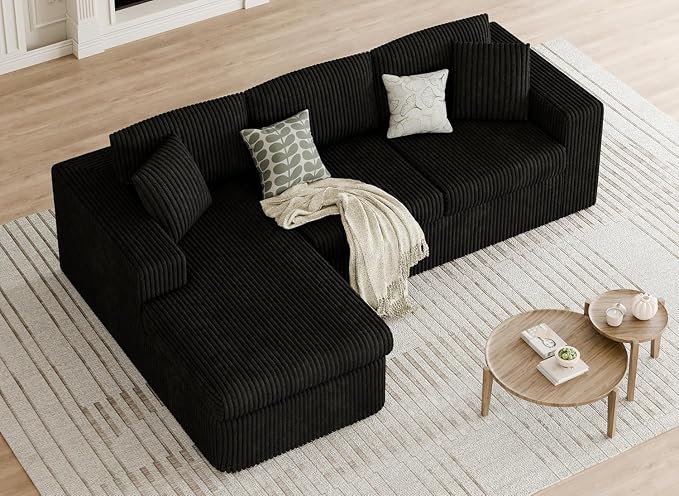 Shintenchi 105" Modular Sectional Sofa, Boneless L Shaped Couch with Deep Seat, Cloud Foam Couch with Oversized Chaise, Plush Corduroy Sofa No Assembly Needed for Living Room, Black