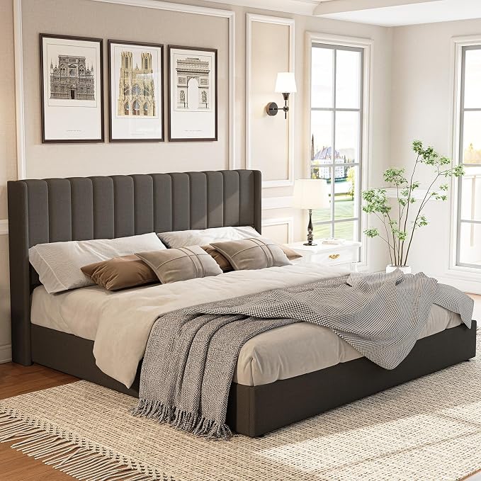 Jocisland Queen Size Lift Up Storage Bed Frame, Linen Upholstered Platform Bed with Vertical Channel Tufted Headboard and Wingback, No Box Spring Needed, Wood Slats Support, Dark Gray