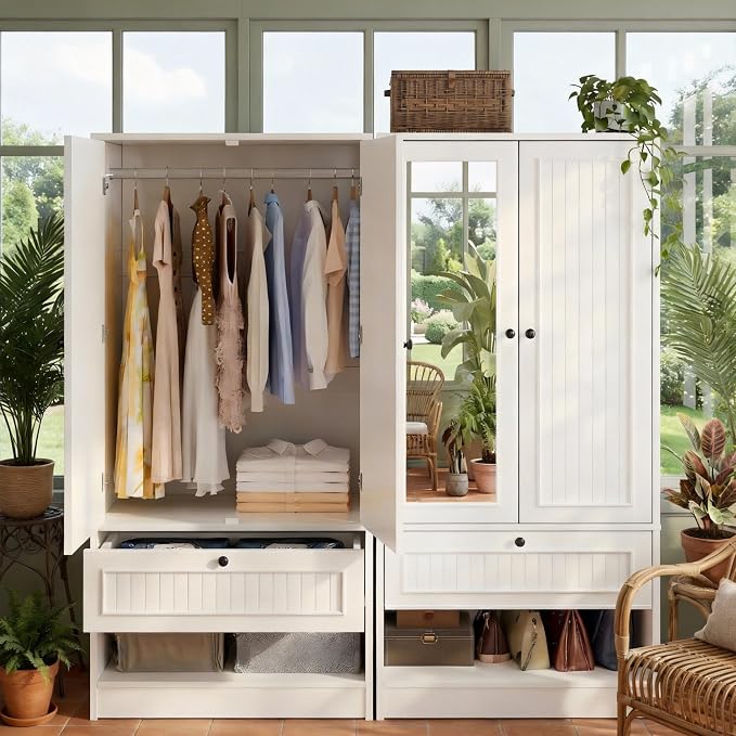 Feonase Armoire Wardrobe Cabinet with Mirror and Drawer, 70" 2-Door Wooden Closet Organizer for Bedroom Storage, White