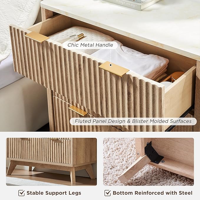 T4TREAM Fluted 3 Drawers Nightstand, Oversized Extra Large Modern Side Table with Faux Marble Top, End Table Bedside for Bedroom, Living Room, Curved Profile Design, Natural Oak