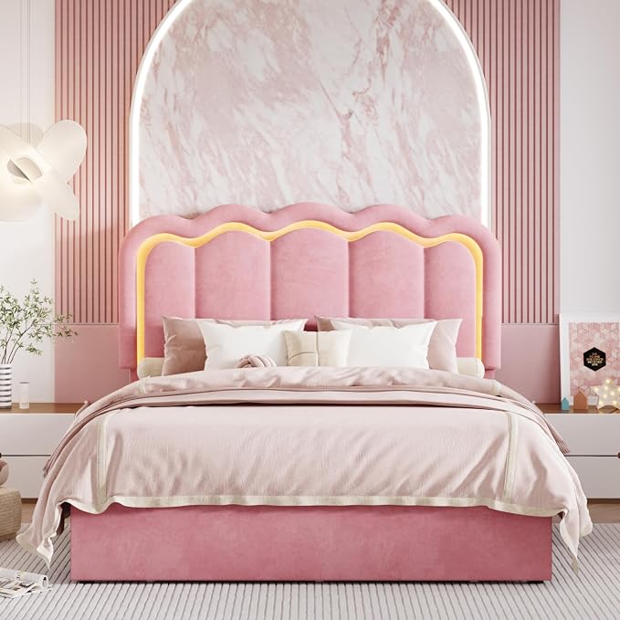 SHA CERLIN Upholstered Full Size Bed Frame with LED Lights and Large Storage Drawer, Velvet Platform Bed with Adjustable Wavy Headboard, Noise Free, Easy Assembly, No Box Spring Needed, Soft Pink