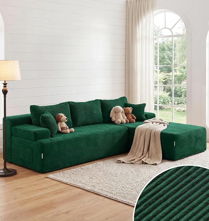 Hobestluk Modular Sectional Sofa Couches L-Shape Couch 3 Seat Modular Sofa Memory Foam Sectional Couches for Living Room, Cloud Couch with Oversized Chaise (Green Corduroy, 108", Right Hand Facing)