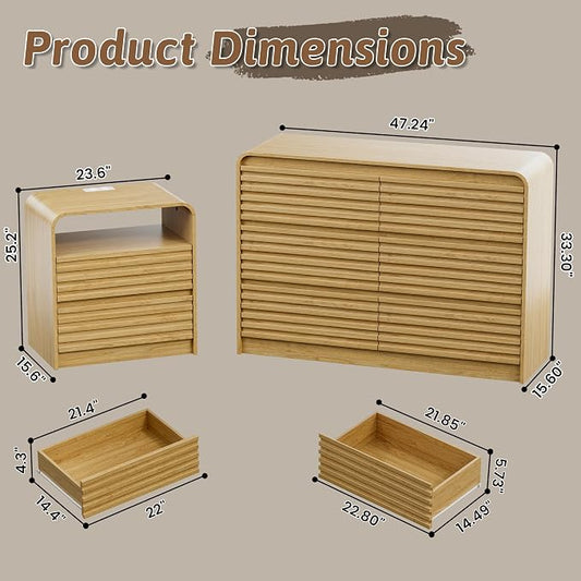 Dresser and Nightstand Sets for Bedroom, 3 Pcs Bedroom Set, Fluted 6 Drawer Dresser with Curved Profile and Night Stand Set of 2 with Charging Station, Wood Chest of Drawers, Natural Oak
