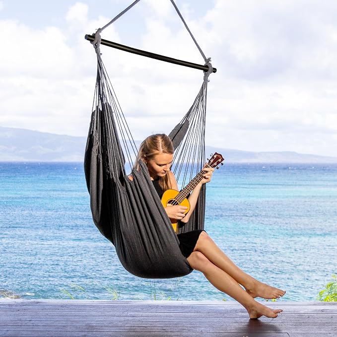 SUNCREAT Hammock Chair Swing with Steel Support Bar, Side Pocket, Large Hanging Chair Outdoor, Max 450lbs Capacity, Dark Gray