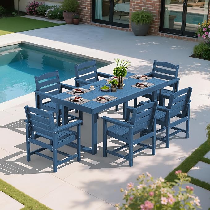 SERWALL HDPE Outdoor Dining Set for 6, 67'' Patio Table and Chairs Set | with Armchair Seat
