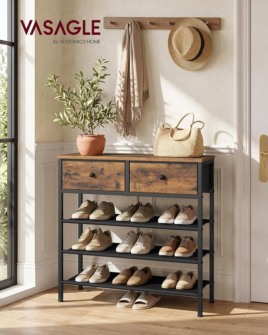 VASAGLE Shoe Rack, 4 Tier Shoe Storage Rack with 2 Fabric Drawers, Shoe Organizer for Entryway, with 3 Fabric Shelves and Wooden Top, Steel Frame, Modern Basic, Rustic Brown ULBS235KD01