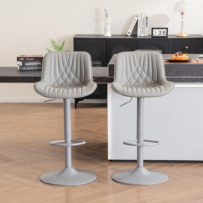 YOUTASTE Faux Leather Bar Stools Set of 2, All Grey Upholstered Counter Height Barstools with Back, Adjustable Swivel Stool Chair with Grey Metal Base for Home Kitchen Island