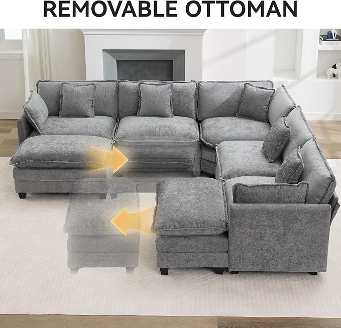 113'' V Shaped Cloud Sectional Sofa, Oversized Deep Seat Couches for Living Room, Chenille Comfy Upholstered Modular Sectional Sofa Couch with 2 Movable Ottoman, Grey