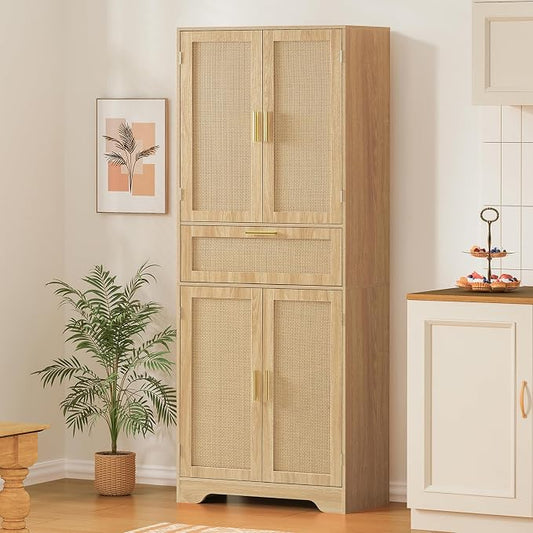 Iwell Tall Storage Cabinet with 2 Adjustable Shelves & Large Drawer, Rattan Cabinet with 4 Doors, Pantry Cabinets for Dining Room, Living Room, Home Office, Natural