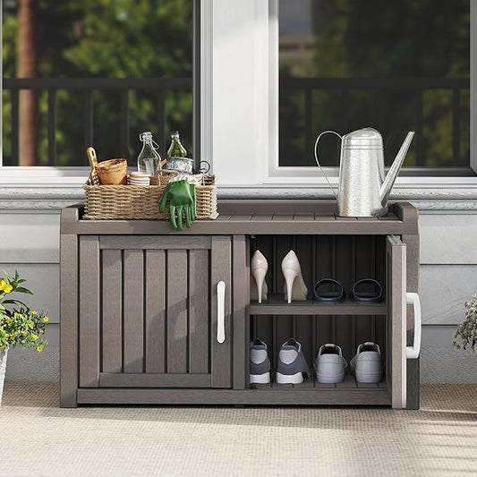 2-Tier Storage Bench, Waterproof UV-Resistant Outdoor Shoe Storage Cabinet with 2 Doors & Adjustable Shelves for Indoor Outdoor Entryway, Hallway, Living Room (Grey)