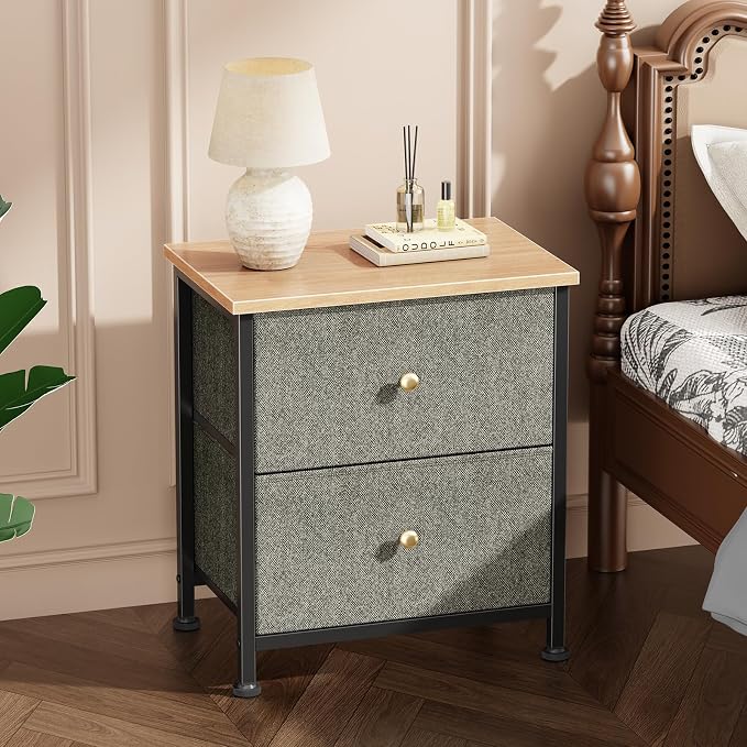 DUMOS Nightstand, Bedside Table for Bedroom, Small Dresser, 2 Fabric Drawer | Side/End Tables with Drawers, Storage Cabinet Furniture, 20 Inch Night Stand for Closet, Entryway, Ink Green