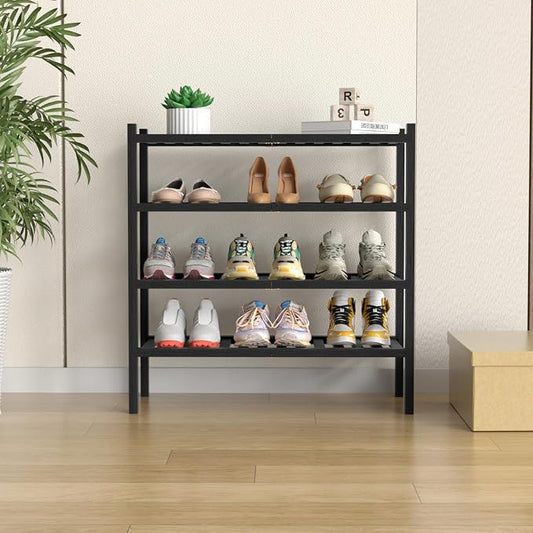 ROMGUAR CRAFT 4 Tier (Thick) Bamboo Shoe Rack for Closet Free Standing Wood Shoe Shelf for Entryway Small Space Stackable 27"x12"x28" (Blackl)