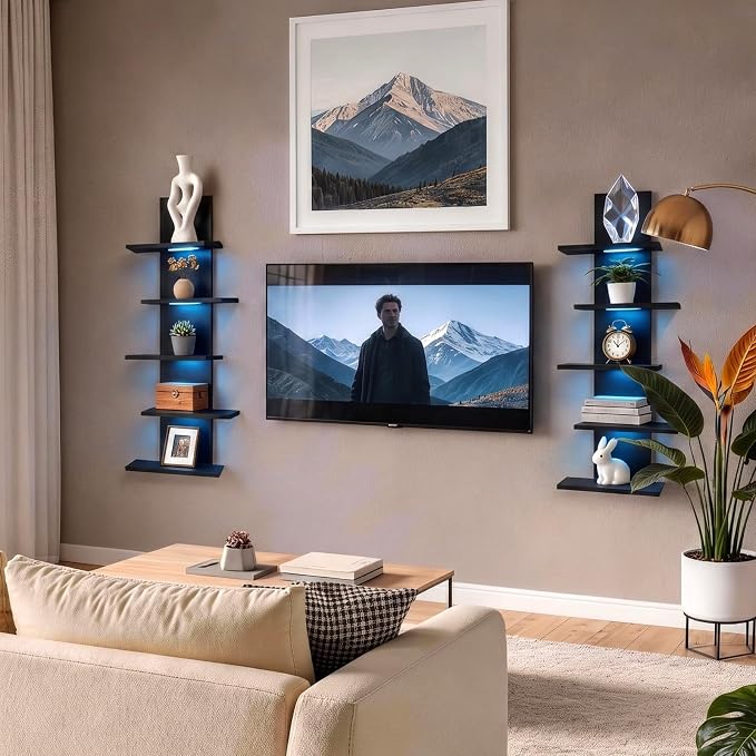 VIWODS 5 Tier Wall Shelf Unit-Black Floating Shelves with Light for Home Decor, Modern Unique Asymmetric Design for Bedroom & Living Room Storage