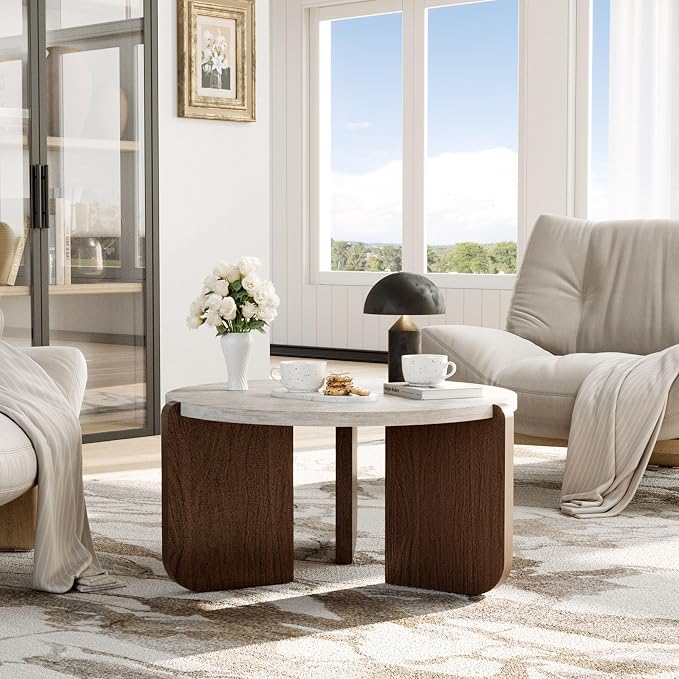 COSIEST Modern Round Coffee Table & 2 Side Tables Set, Faux Marble Wood Top, Walnut & Cream White Legs, Minimalist Living Room Center & Accent Tables(3 PCS)