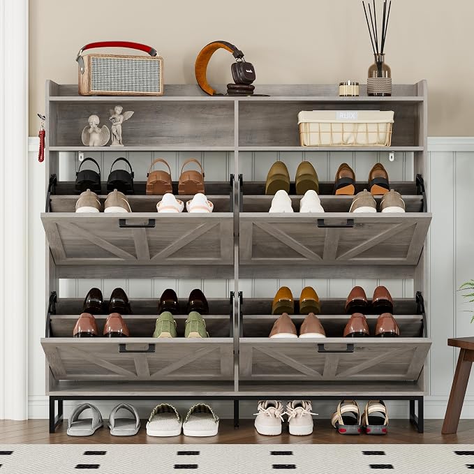 BORNOON Shoe Cabinet with 4 Flip Drawers Narrow Shoe Storage Cabinet Organizer Wooden Freestanding Shoe Rack Hidden Slim Shoes Storage Cabinet for Entryway, Hallway, Living Room, Bedroom