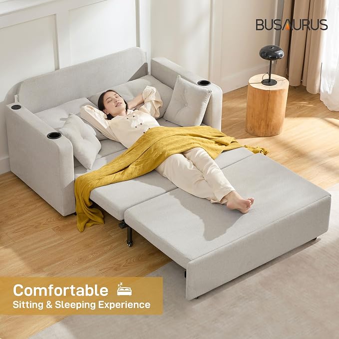 Busaurus 3 in 1 Convertible Sofa Bed, 56" Loveseat Sleeper Sofa Couch with Pullout Bed, Comfy Pull Out Sofa Bed with USB, Full Size Sleeper Sofa Bed for Living Room, Bedroom, Small Space, Beige