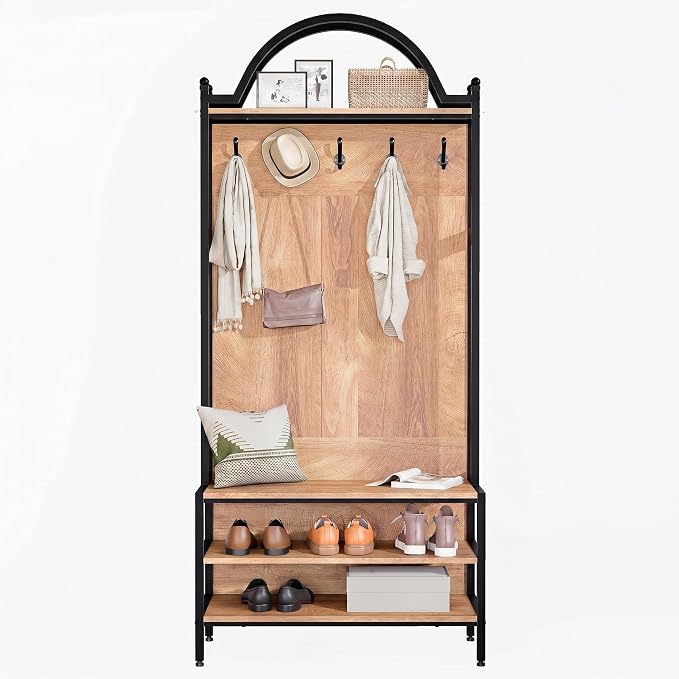 72" Farmhouse Hall Tree with Bench and Shoe Storage, Entryway Coat Rack with 5 Hooks, Arched Hall Tree with Shoe Rack Organizer, Rustic Wood & Metal Frame for Entryway, Mudroom, Foyer