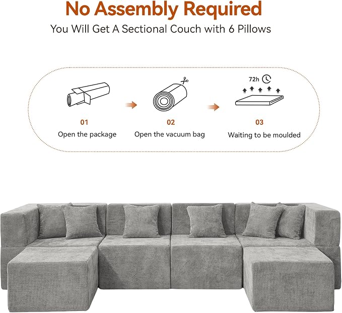 MONVANE Modular Sectional Cloud Couch for Living Room - 130'' 6 Seater Convertible Chenille Couches Set with Ottoman, No Assembly Compression Sofas, Comfy Floor Sofa with Memory Foam, Light Grey