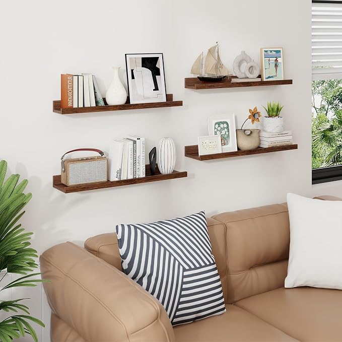 Axeman Picture Ledge Shelf | 24 Inch Walnut Floating Shelves Set of 4 | Rustic Wood Wall Shelves with Lip | 24" Walnut Picture Shelves for Wall with Ledge | Photo Shelves