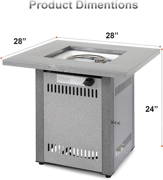 Hexago 28 Inch Propane Fire Pit Table, Gas Square Outdoor Fire Table Dinning with Lid, Lava Stone, 50000BTU, ETL Certification, for Outside Garden Backyard Deck Patio, Silver