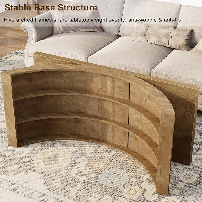 HSH 47" Modern Rectangle Wood Coffee Table for Living Room, Arched Base | Large Rectangular Center Table, Low Table with Sculptural Arched Base, Annual Ring Wood Grain, 200 lb Capacity, Easy Assembly