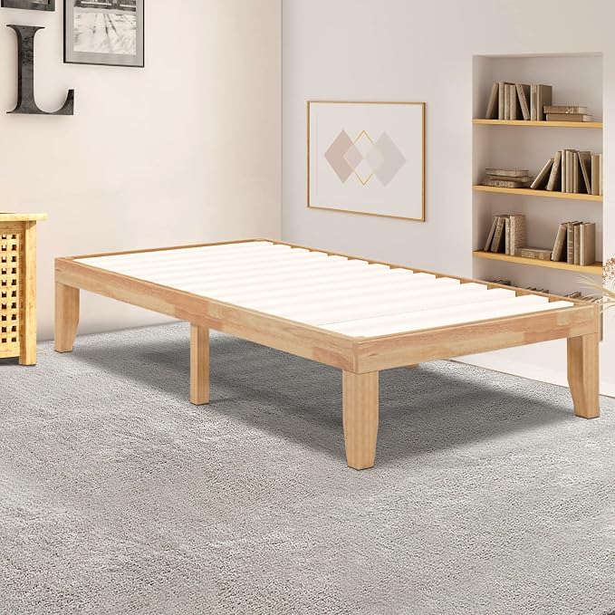 COSTWAY Twin Size Platform Bed Frame, 14 Inches Solid Rubber Wood Bed Mattress Foundation with Sturdy Slats Support, Easy Assembly Bed Frame for Home Hotel, No Box Spring Needed (Natural, Twin)