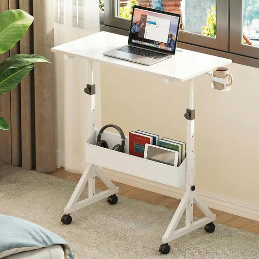 HUANUO Mobile Standing Desk with Wheels and Storage Basket, Height Adjustable 28.7"-46.1" Rolling Desk for Walking Pad, Small Space Laptop Computer Workstation for Home Office,White