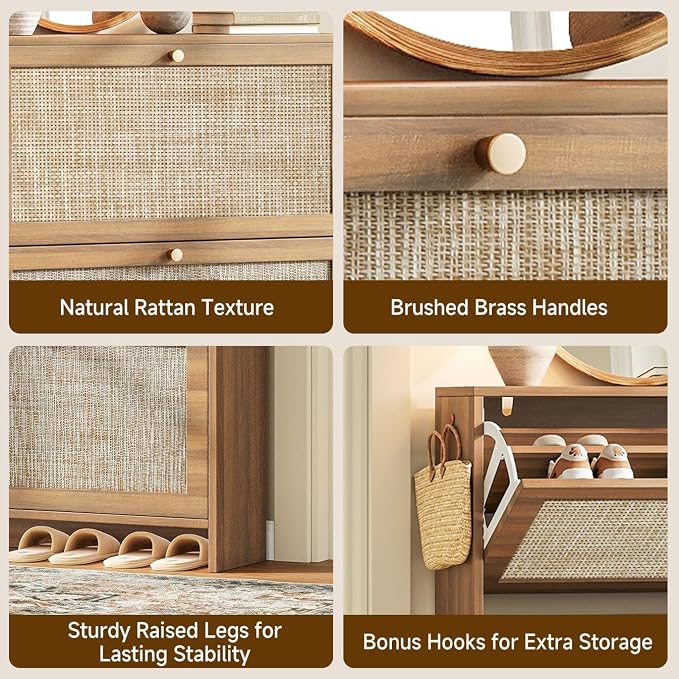 Nicetree Shoe Cabinet Storage for Entryway, 4-Flip Drawer Narrow Shoe Rack, Organic Modern Rattan Shoe Organizer, Shoe Organizer Fits Men's Size 13.5, Walnut