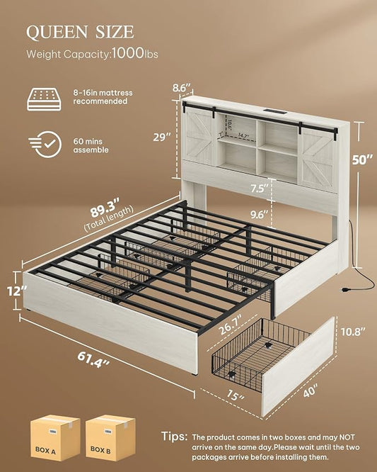 DWVO Farmhouse Queen Size Bed Frame with Storage Bookcase Headboard, Sliding Barn Door, 4 Storage Drawers, RGB LED Bed Frame with USB Charging Station, No Box Spring Needed, Antique White
