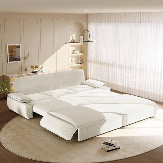 94.5" Pull Out Couch King Size, Futon Sofa Bed, 3-in-1 Convertible Sleeper Sofa Bed with Cushion Armrest, Modern Corduroy Loveseat Couches for Living Room, Small Space, Apartment, Beige