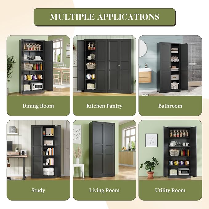 RAVIGIN Metal Storage Cabinet,71" H Pantry Cabinet with 2 Doors and 5 Adjustable Shelves,6 Tier Tall Kitchen Storage Cabinets for Kitchen,Pantry,Living/Study/Laundry Room(Black)