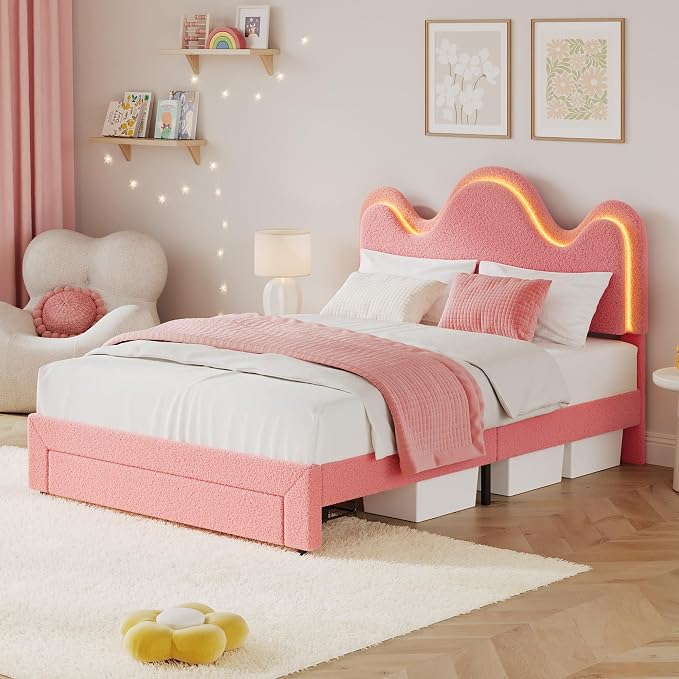 IDEALHOUSE Twin Bed Frame with LED Headboard and Under-Bed Drawer, Metal Upholstered Platform Bed with LED Light for Kids, Girls, Lamb Fleece Fabric, Wooden Slats Support, No Box Spring Needed, Pink