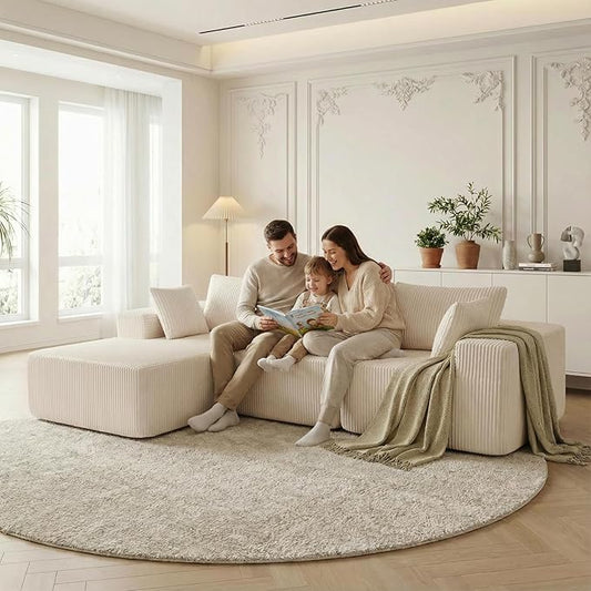 DUMOS 108" L-Shaped Sectional Boneless Couch for Living Room, Upholstered Corduroy Sofa with Deep Seat for Small Apartment, Bedroom, No Assembly in a Box, Left Facing Chaise, Beige