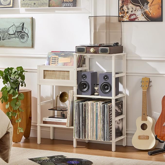LELELINKY Record Player Stand, White Cream Oak Wood Record Holder with Vinyl Storage Holds up to 300+ Albums, 3-Tier Rattan Media Table with Vinyl Display Shelf, Record Storage Cabinet for Living Room