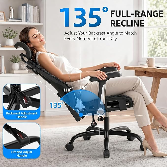 Ergonomic Office Chair, Full Mesh Desk Chair with 5D Armrests, Adjustable Lumbar Support and Headrest, 135° Stepless Reclining Backrest, Home Office Computer Chair
