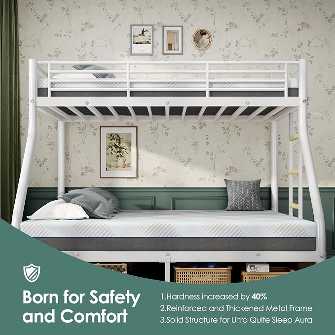 Bunk Beds Twin XL Over Full Size with 6" Mattresses Included, All-in-One Bunk Bed for Kids/Adults, Heavy Duty Sturdy Frame with Ladder Guardrail, with Memory Foam Mattresses, White