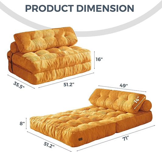 MAXYOYO Folding Sofa Bed, Convertible Chair with Pilow, Portable Fold Out Chair Bed with Back Support Comfy Floor Sofa Lounge for Living Room Bedroom, Orange, Double