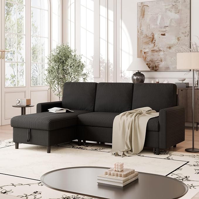Vongrasig Pull Out Couch with Storage for Small Space, Black Corduroy | 2 in 1 Small Sofa Bed Sleeper Sofa with Storage, 77" L Shaped Convertible Sofa with Storage Chaise for Living Room, Apartment