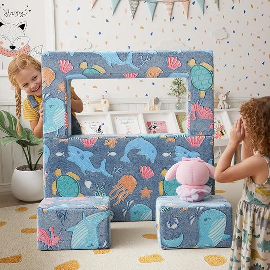 MeMoreCool Mermaid Glow-in-the-Dark Kids Play Couch, Denim Mermaid Modular Toddler Couch for Girls, Convertible Foam Sofa Bed for Playroom Bedroom, 220 lbs Capacity