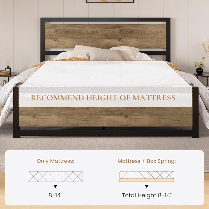 SHA CERLIN Heavy Duty King Size Bed Frame with Modern Headboard, Brown | Platform Metal Base with Square Footboard and 13 Strong Slats Support, No Box Spring Needed