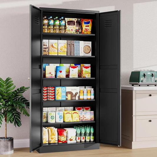 SISESOL Black Storage Cabinet,71" Tall Pantry Cabinet,Kitchen Pantry Storage Cabinets with 2 Doors and 5 Shelves,Wide Deep Metal Food Cupboard for Home,Kitchen,Dining/Living Room