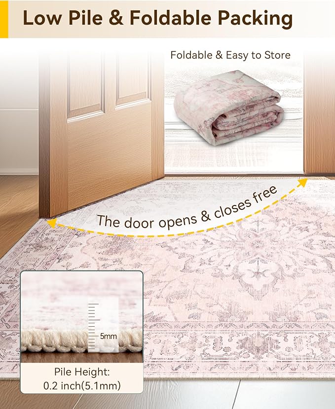 RELEANY Area Rugs Runner 3'x10' Washable Non-Slip, Floral Vintage Distress Medallion Carpet for Kitchen Hallway Bedroom Beside Laundry Room Bathroom, Pink Greypink Cute