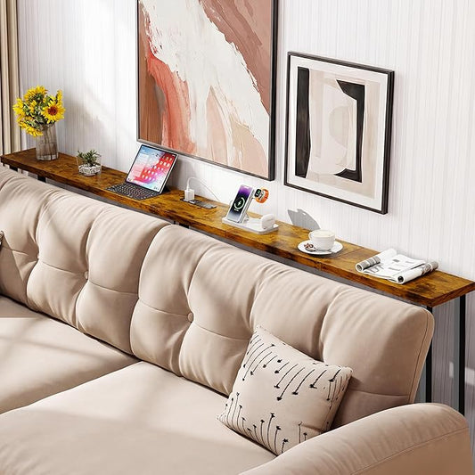 GRLEAF 70" Sofa Table with Built-in Power Strip (2 AC Outlets & 2 USB Ports) – 4.9ft Power Cord, Metal Frame, Easy Assembly, Long Couch Table Behind Sofa, Living Room and Home Office | Rustic Brown