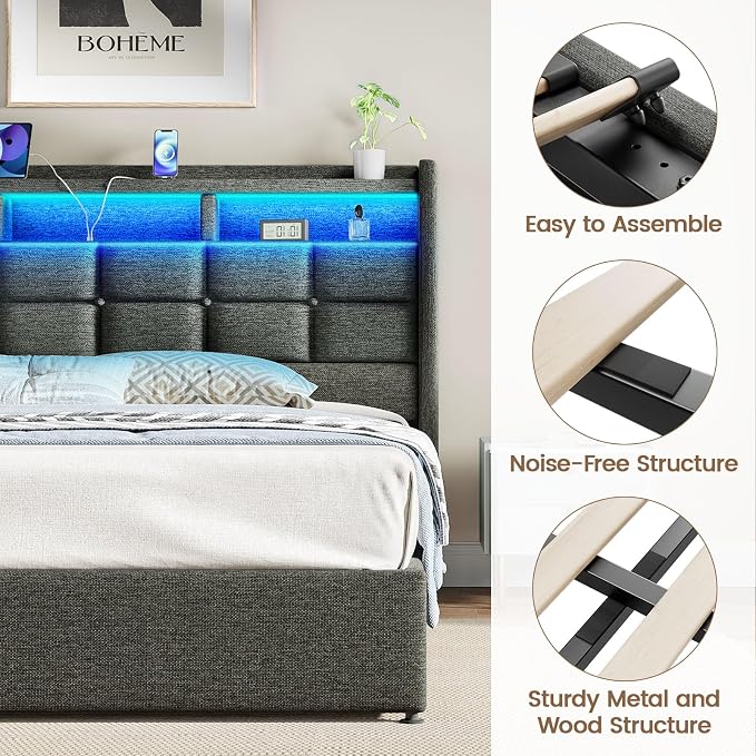Driftalia Lift Up Queen Bed Frame with Storage, Upholstered Bed Frame Queen Size with LED Lights Headboard and Charging Station, No Box Spring Needed, Easy Assembly - Dark Grey