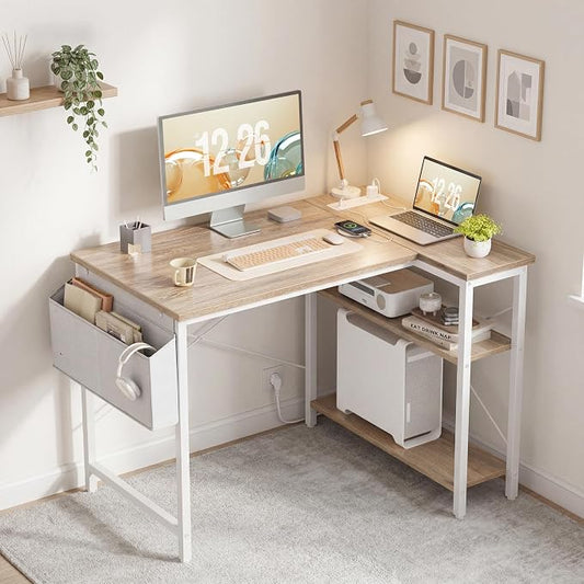 TIQLAB L Shaped Computer Desk with Power Outlets, 40 Inch Small Corner Desk with Reversible Shelves, Gaming Desk Computer Table Study Writing Table for Home Office Bedroom Small Space, Maple